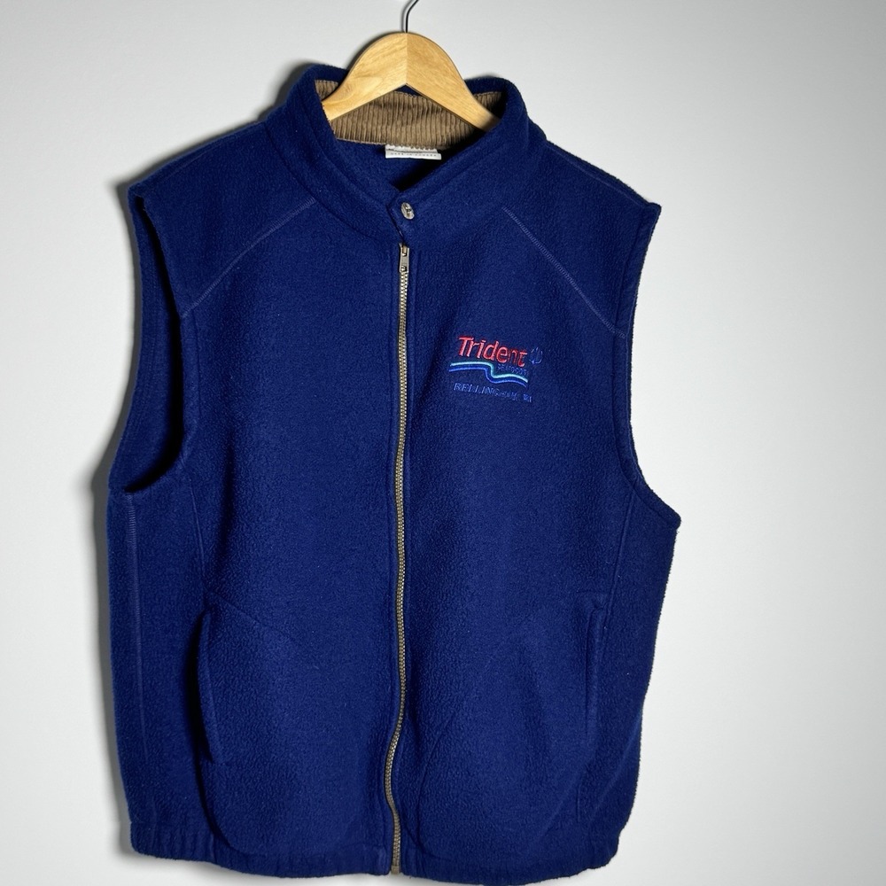 Vtg Embroidered Trident Seafoods Fairhaven‎ Corduroy Collar Fleece Vest Navy L